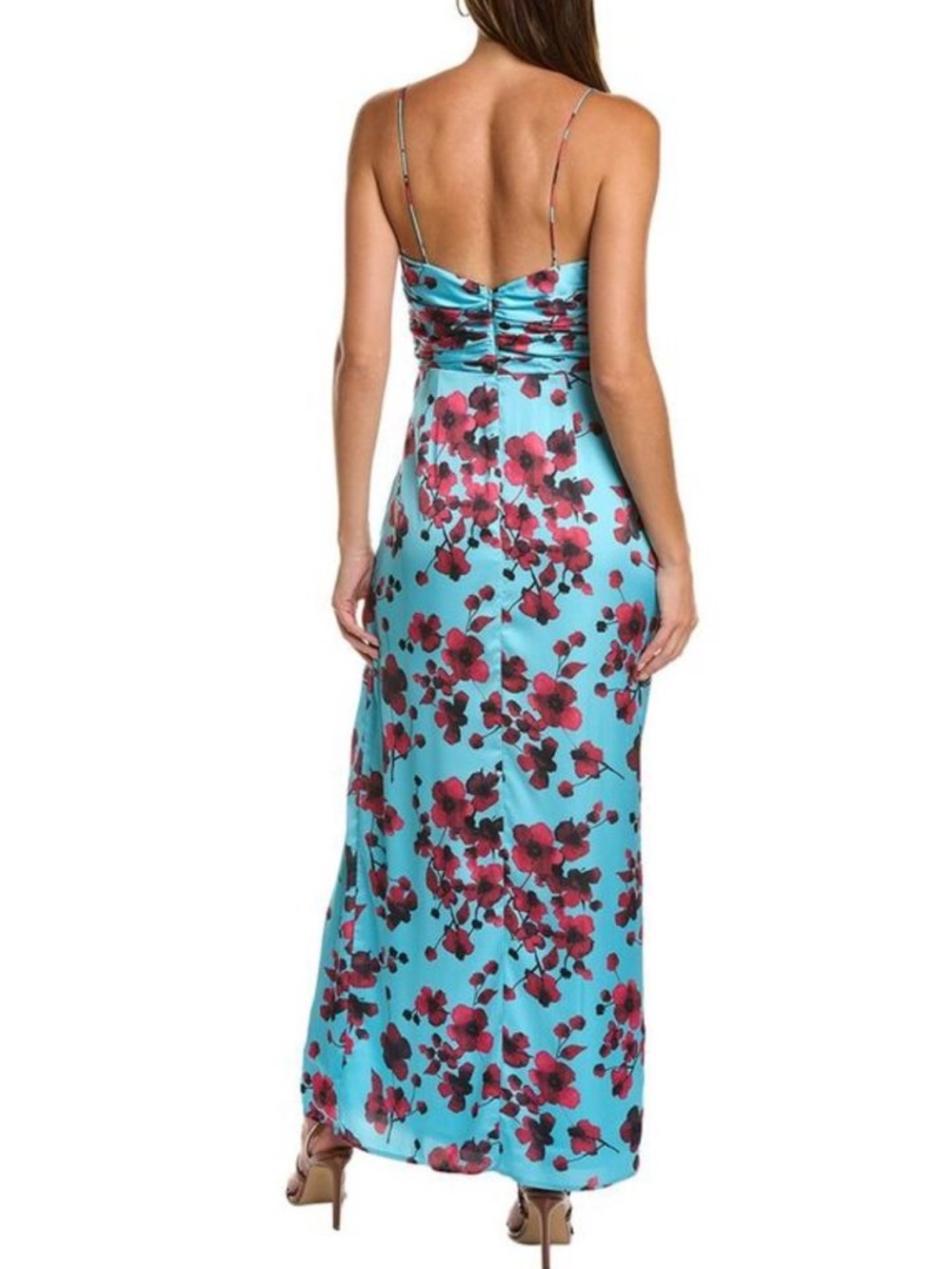 Hutch Luxe Sleeveless Ruched Side-Slit Satin Maxi Dress in Sky Floral Women’s 4 - Picture 2 of 14